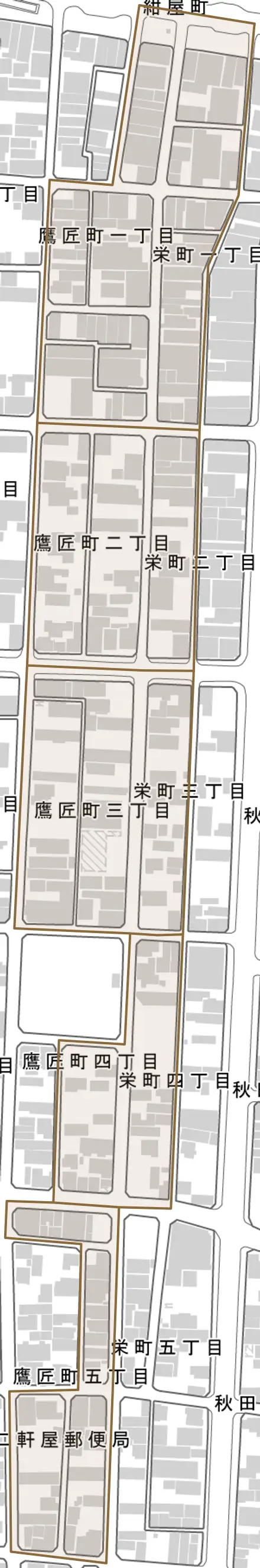 栄町とその周辺の地図。町の範囲を重ねている