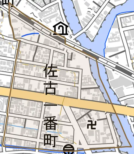 佐古一番町とその周辺の地図。町の範囲を重ねている