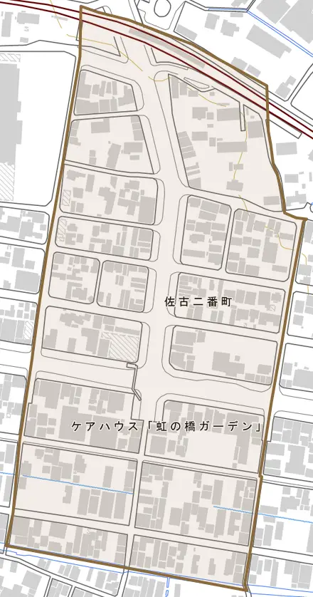 佐古二番町とその周辺の地図。町の範囲を重ねている