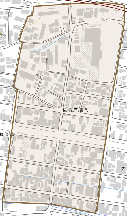 佐古三番町とその周辺の地図。町の範囲を重ねている