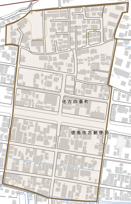 佐古四番町とその周辺の地図。町の範囲を重ねている