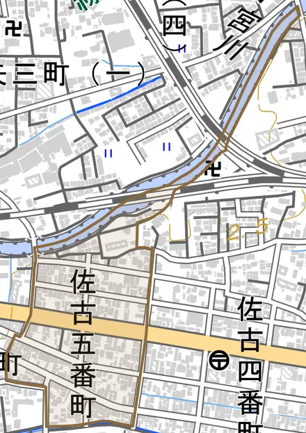 佐古五番町とその周辺の地図。町の範囲を重ねている