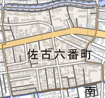 佐古六番町とその周辺の地図。町の範囲を重ねている