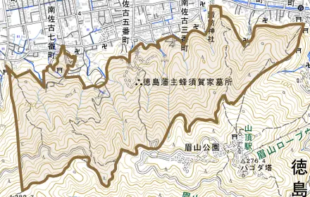 佐古山町とその周辺の地図。町の範囲を重ねている