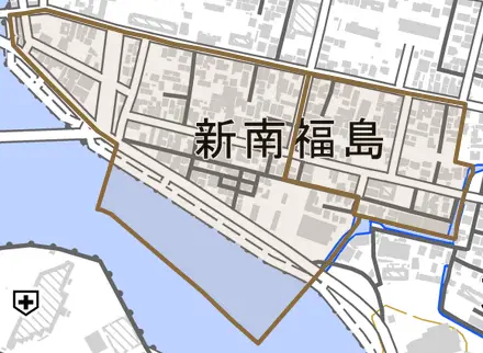 新南福島とその周辺の地図。町の範囲を重ねている