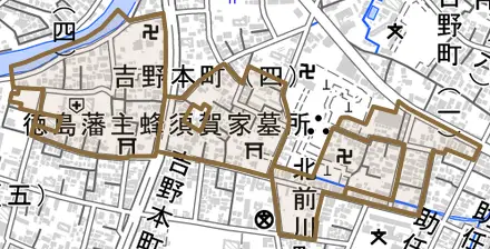 下助任町とその周辺の地図。町の範囲を重ねている
