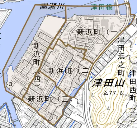 新浜町とその周辺の地図。町の範囲を重ねている