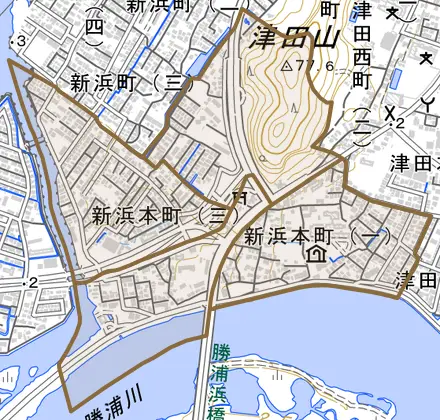 新浜本町とその周辺の地図。町の範囲を重ねている
