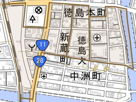 新蔵町とその周辺の地図。町の範囲を重ねている
