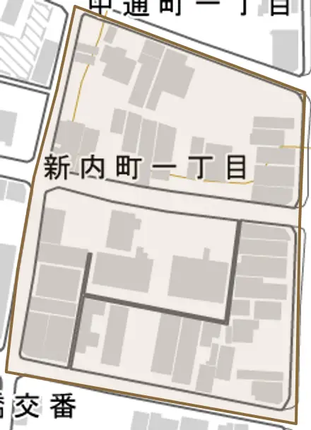新内町とその周辺の地図。町の範囲を重ねている