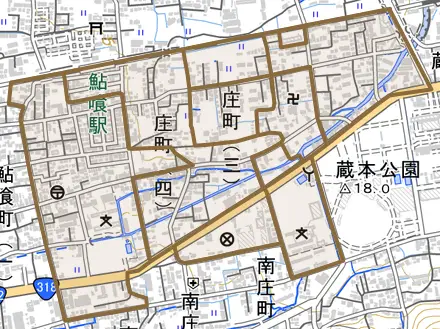 庄町とその周辺の地図。町の範囲を重ねている