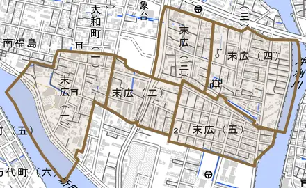 末広とその周辺の地図。町の範囲を重ねている