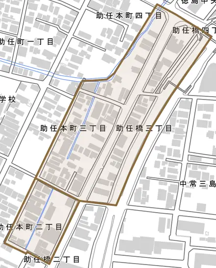 助任橋とその周辺の地図。町の範囲を重ねている