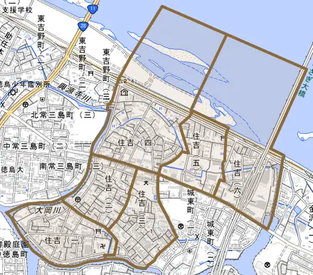 住吉とその周辺の地図。町の範囲を重ねている