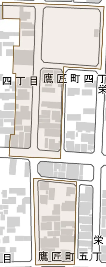鷹匠町とその周辺の地図。町の範囲を重ねている