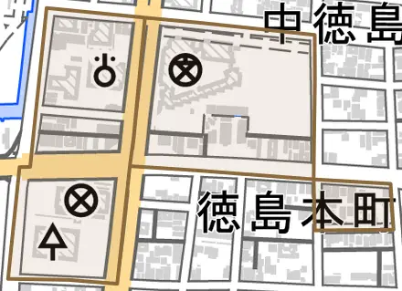 徳島本町とその周辺の地図。町の範囲を重ねている