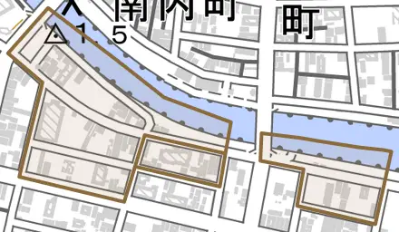 富田浜とその周辺の地図。町の範囲を重ねている