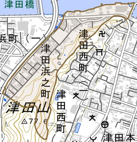 津田浜之町とその周辺の地図。町の範囲を重ねている
