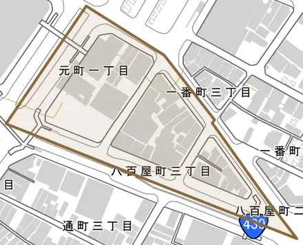 八百屋町とその周辺の地図。町の範囲を重ねている