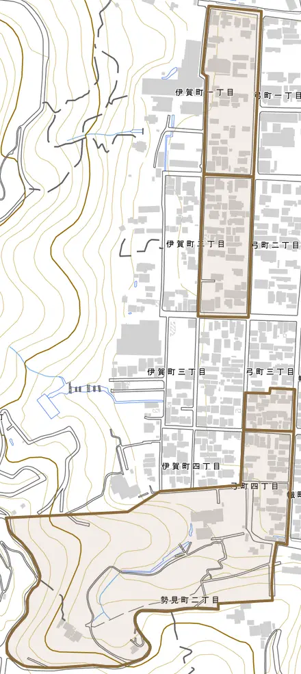 弓町とその周辺の地図。町の範囲を重ねている