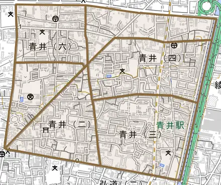 青井とその周辺の地図。町の範囲を重ねている