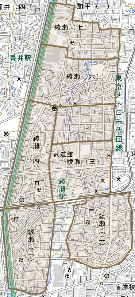 綾瀬とその周辺の地図。町の範囲を重ねている