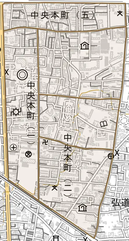 中央本町とその周辺の地図。町の範囲を重ねている