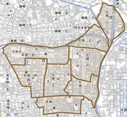 花畑とその周辺の地図。町の範囲を重ねている