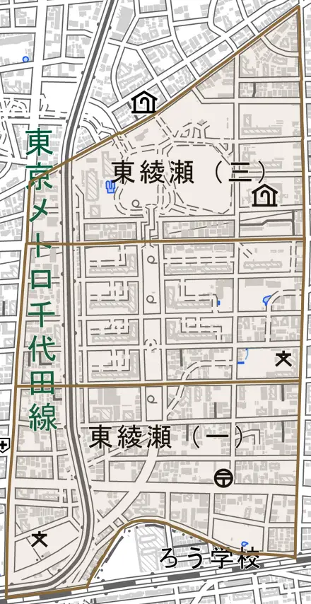 東綾瀬とその周辺の地図。町の範囲を重ねている