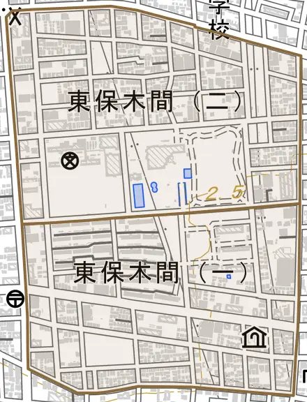 東保木間とその周辺の地図。町の範囲を重ねている