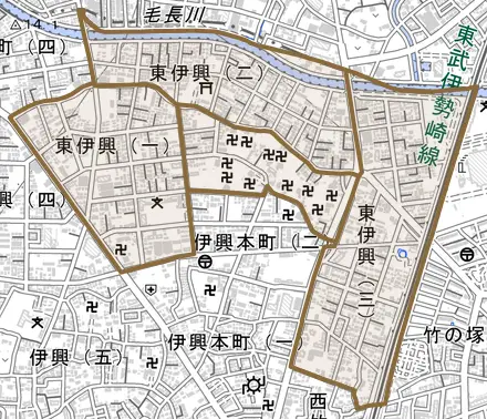 東伊興とその周辺の地図。町の範囲を重ねている
