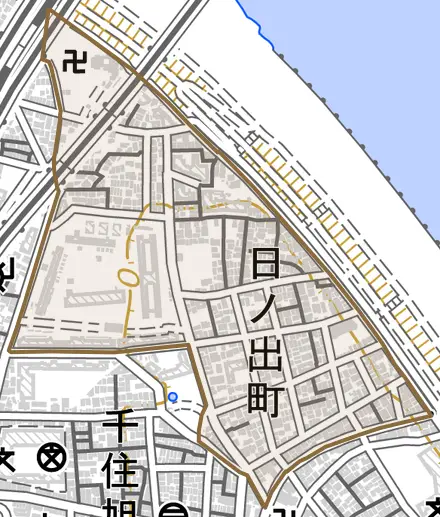 日ノ出町とその周辺の地図。町の範囲を重ねている