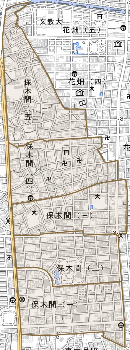 保木間とその周辺の地図。町の範囲を重ねている