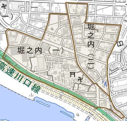 堀之内とその周辺の地図。町の範囲を重ねている