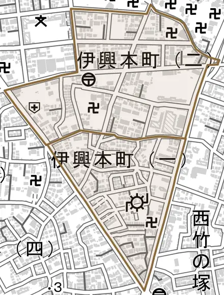 伊興本町とその周辺の地図。町の範囲を重ねている