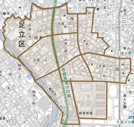 入谷とその周辺の地図。町の範囲を重ねている