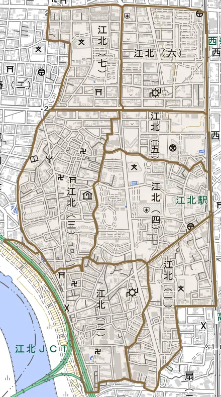 江北とその周辺の地図。町の範囲を重ねている