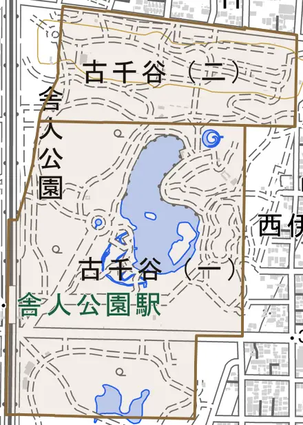 古千谷とその周辺の地図。町の範囲を重ねている