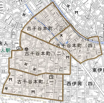 古千谷本町とその周辺の地図。町の範囲を重ねている