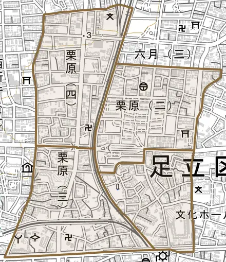栗原とその周辺の地図。町の範囲を重ねている