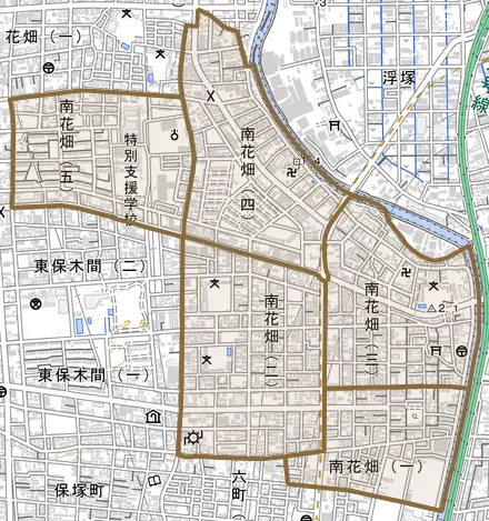 南花畑とその周辺の地図。町の範囲を重ねている