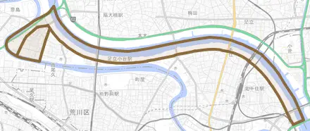 宮城とその周辺の地図。町の範囲を重ねている
