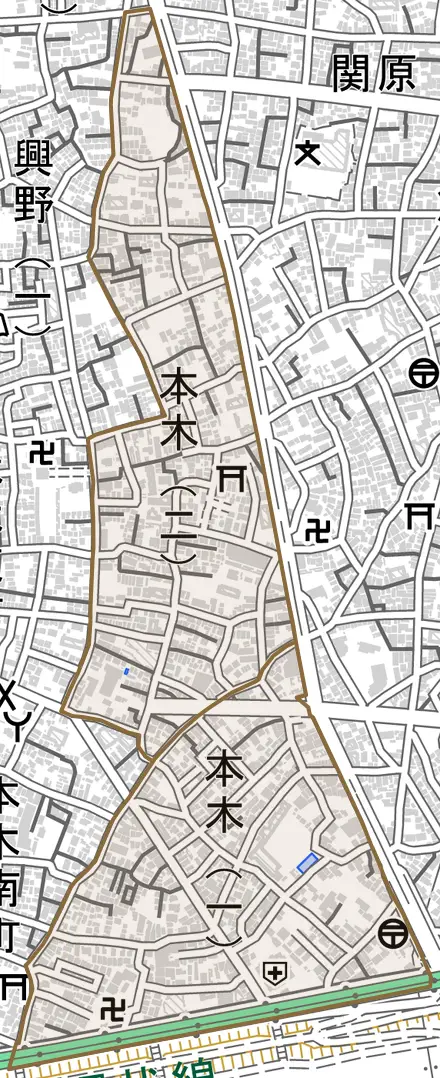 本木とその周辺の地図。町の範囲を重ねている