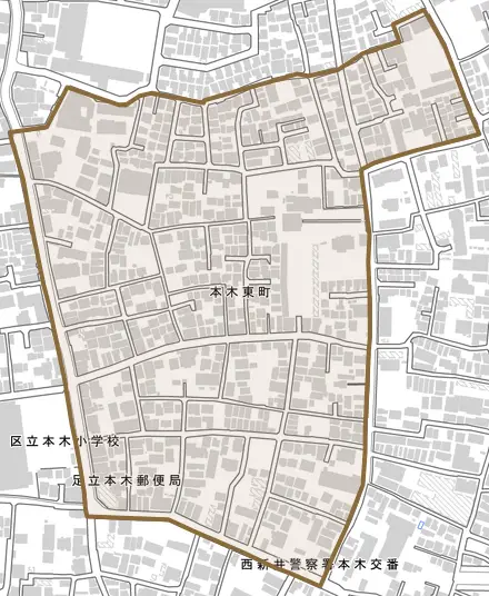 本木東町とその周辺の地図。町の範囲を重ねている