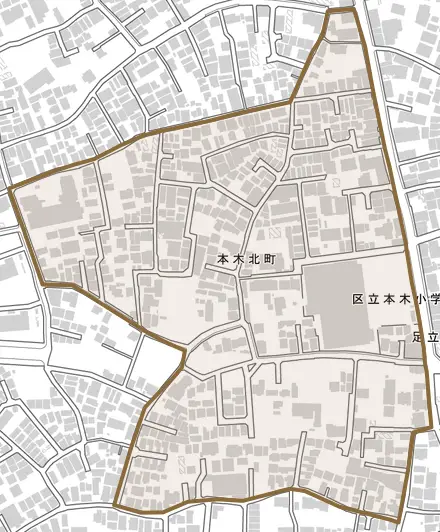 本木北町とその周辺の地図。町の範囲を重ねている
