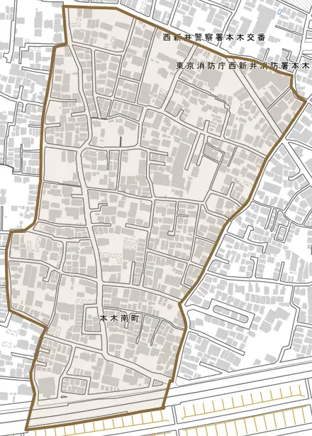 本木南町とその周辺の地図。町の範囲を重ねている