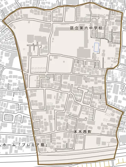 本木西町とその周辺の地図。町の範囲を重ねている