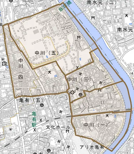 中川とその周辺の地図。町の範囲を重ねている