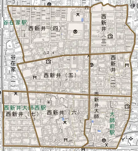 西新井とその周辺の地図。町の範囲を重ねている