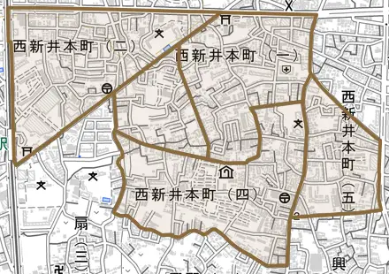 西新井本町とその周辺の地図。町の範囲を重ねている